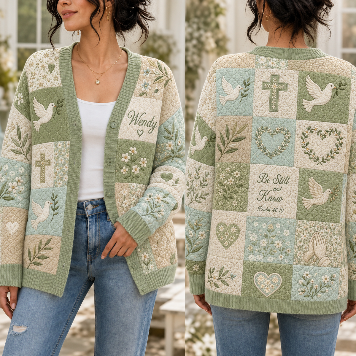 Personalized Christian Faith Cardigan Sweater - Sage Green Dove and Cross Knitwear