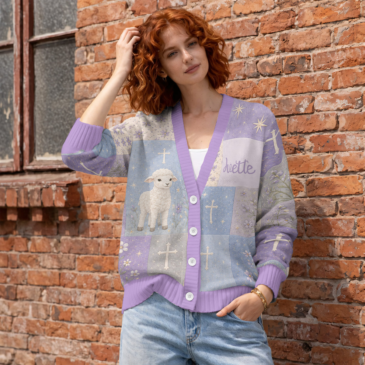 Personalized Christian Cardigan Sweater - Cute Lamb Dove Faith Knitwear