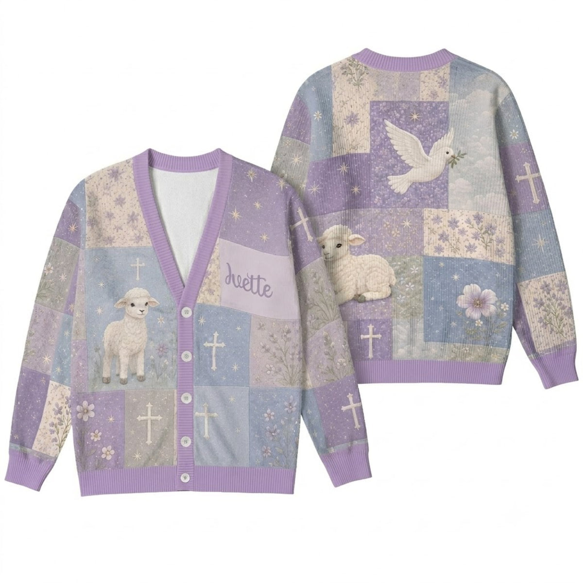 Personalized Christian Cardigan Sweater - Cute Lamb Dove Faith Knitwear