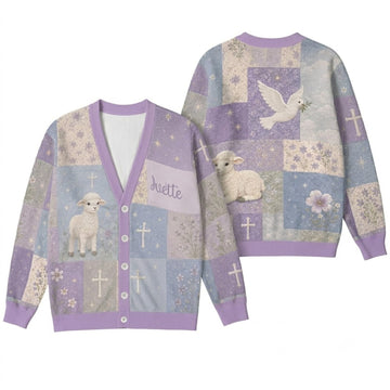 Personalized Christian Cardigan Sweater - Cute Lamb Dove Faith Knitwear