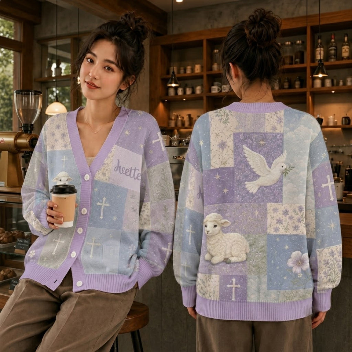 Personalized Christian Cardigan Sweater - Cute Lamb Dove Faith Knitwear