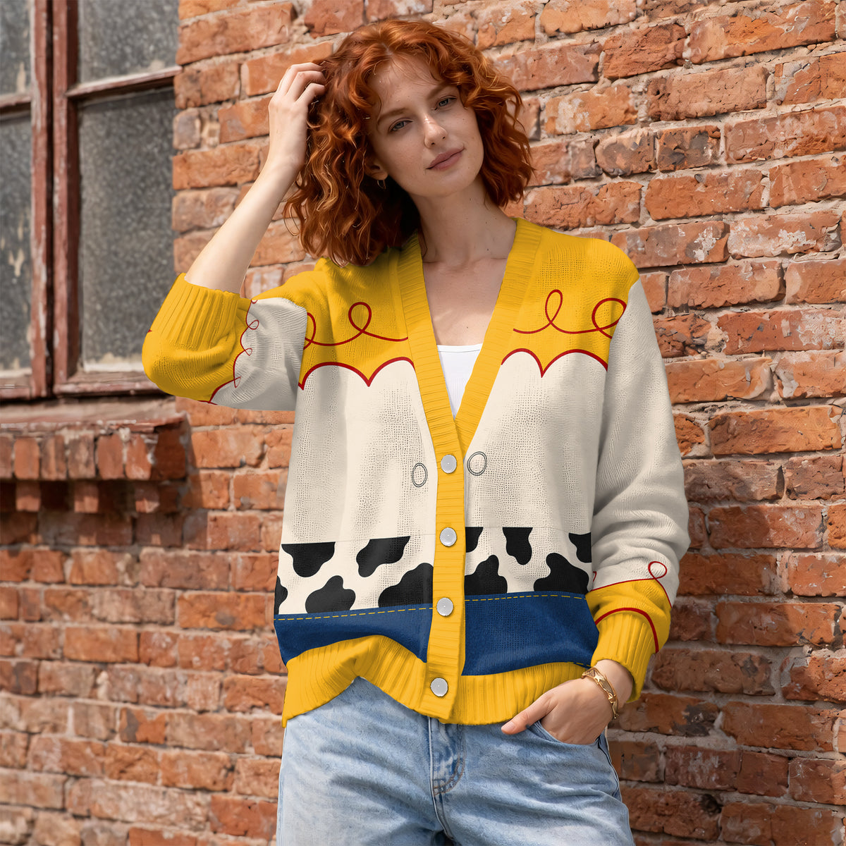 Vintage Cowgirl Costume Cardigan Sweater - Western Cow Print Cosplay Knitwear