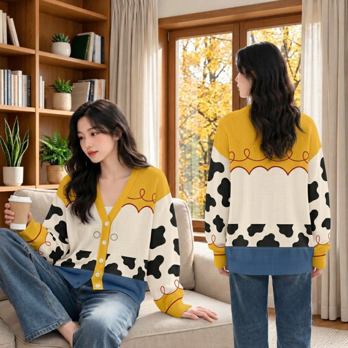 Vintage Cowgirl Costume Cardigan Sweater - Western Cow Print Cosplay Knitwear