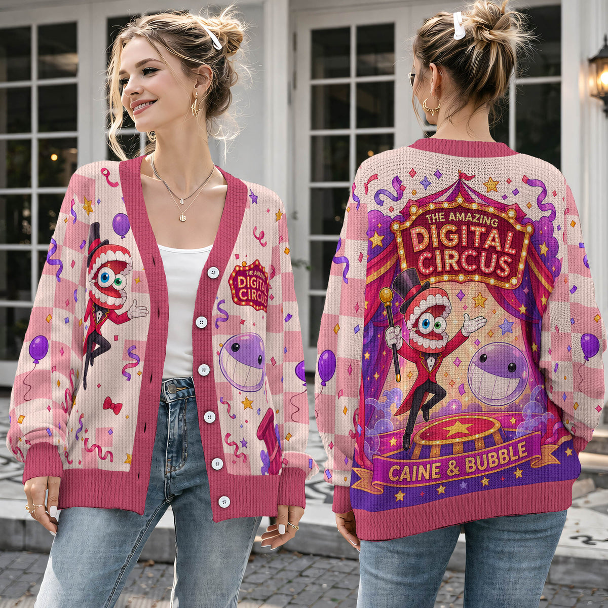 Circus Ringmaster Cardigan Sweater - Pastel Checkerboard Bubble Graphic Knitwear