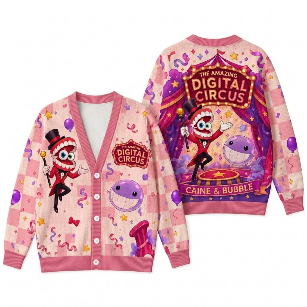 Circus Ringmaster Cardigan Sweater - Pastel Checkerboard Bubble Graphic Knitwear