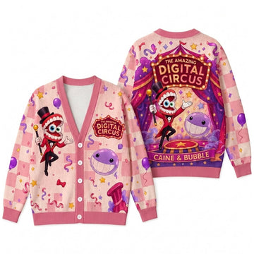 Circus Ringmaster Cardigan Sweater - Pastel Checkerboard Bubble Graphic Knitwear