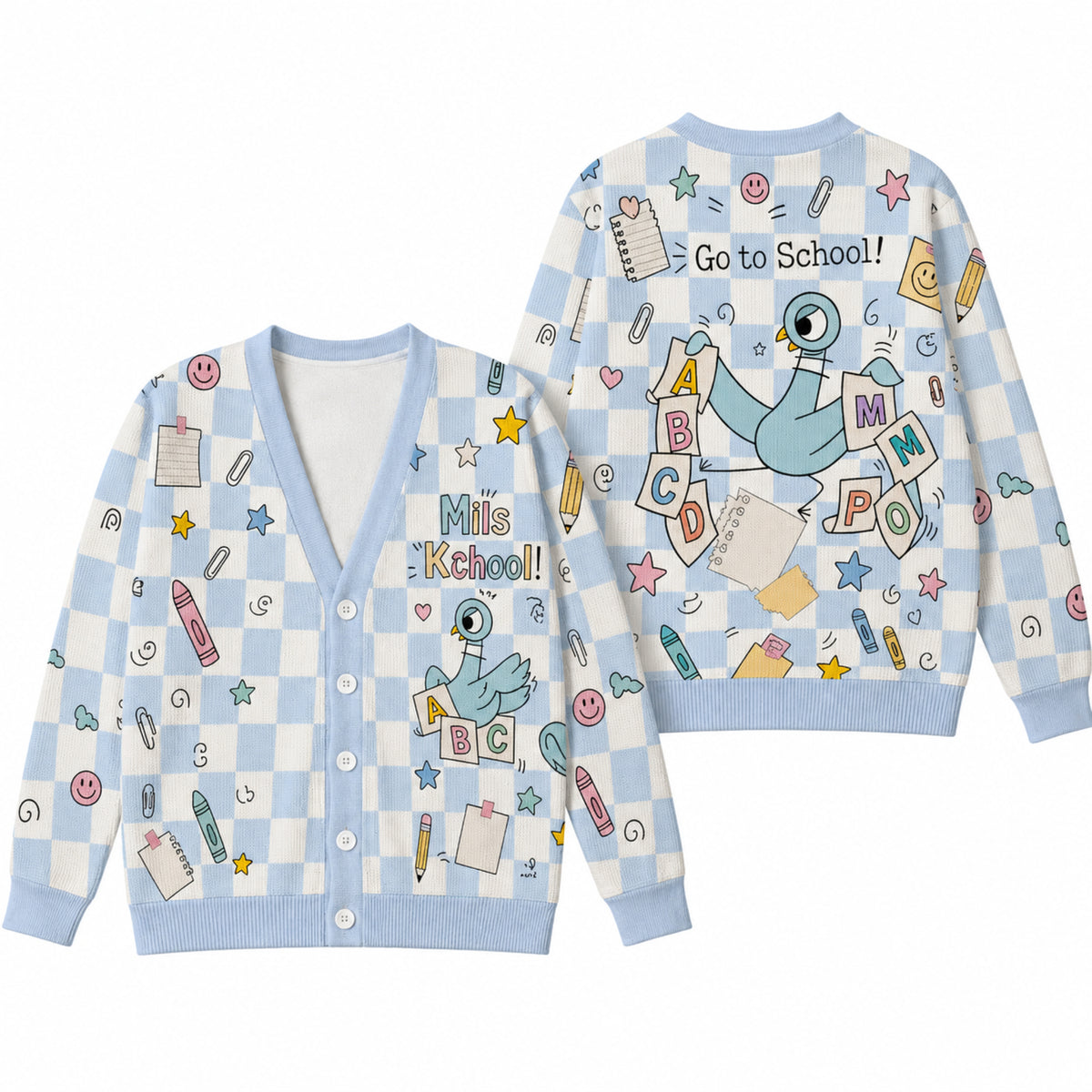 Personalized Pigeon Teacher Cardigan Sweater - Cute Pastel Classroom Knitwear