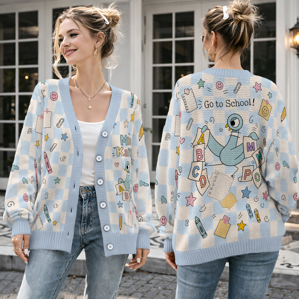 Personalized Pigeon Teacher Cardigan Sweater - Cute Pastel Classroom Knitwear