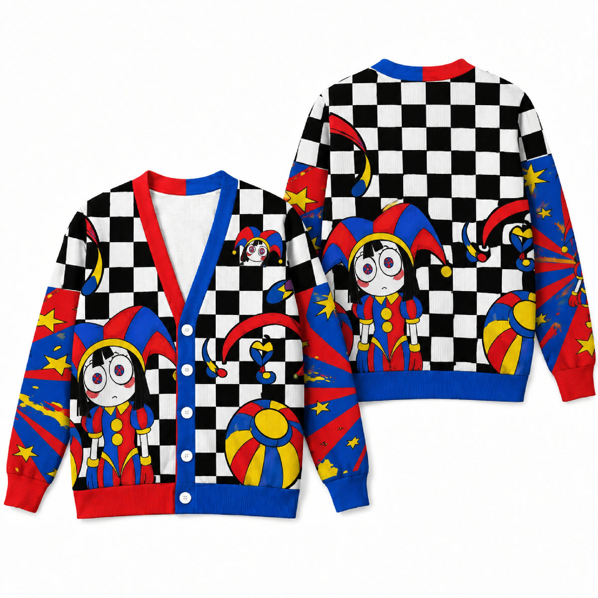 Vintage Jester Cardigan Sweater - Whimsical Circus Clown Checkerboard Knitwear