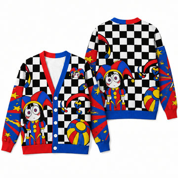 Vintage Jester Cardigan Sweater - Whimsical Circus Clown Checkerboard Knitwear