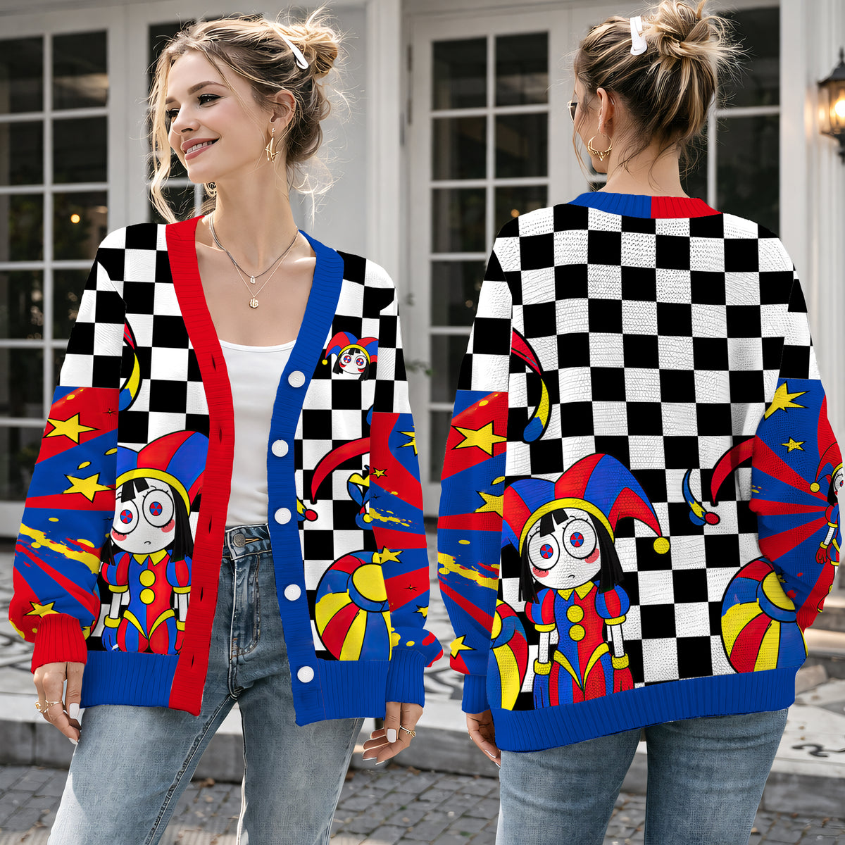 Vintage Jester Cardigan Sweater - Whimsical Circus Clown Checkerboard Knitwear