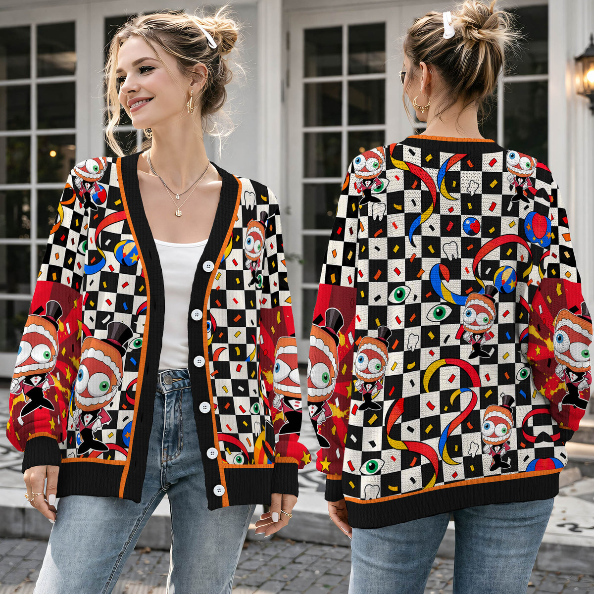 Circus Ringmaster Cardigan Sweater - Whimsical Teeth and Checker Knitwear