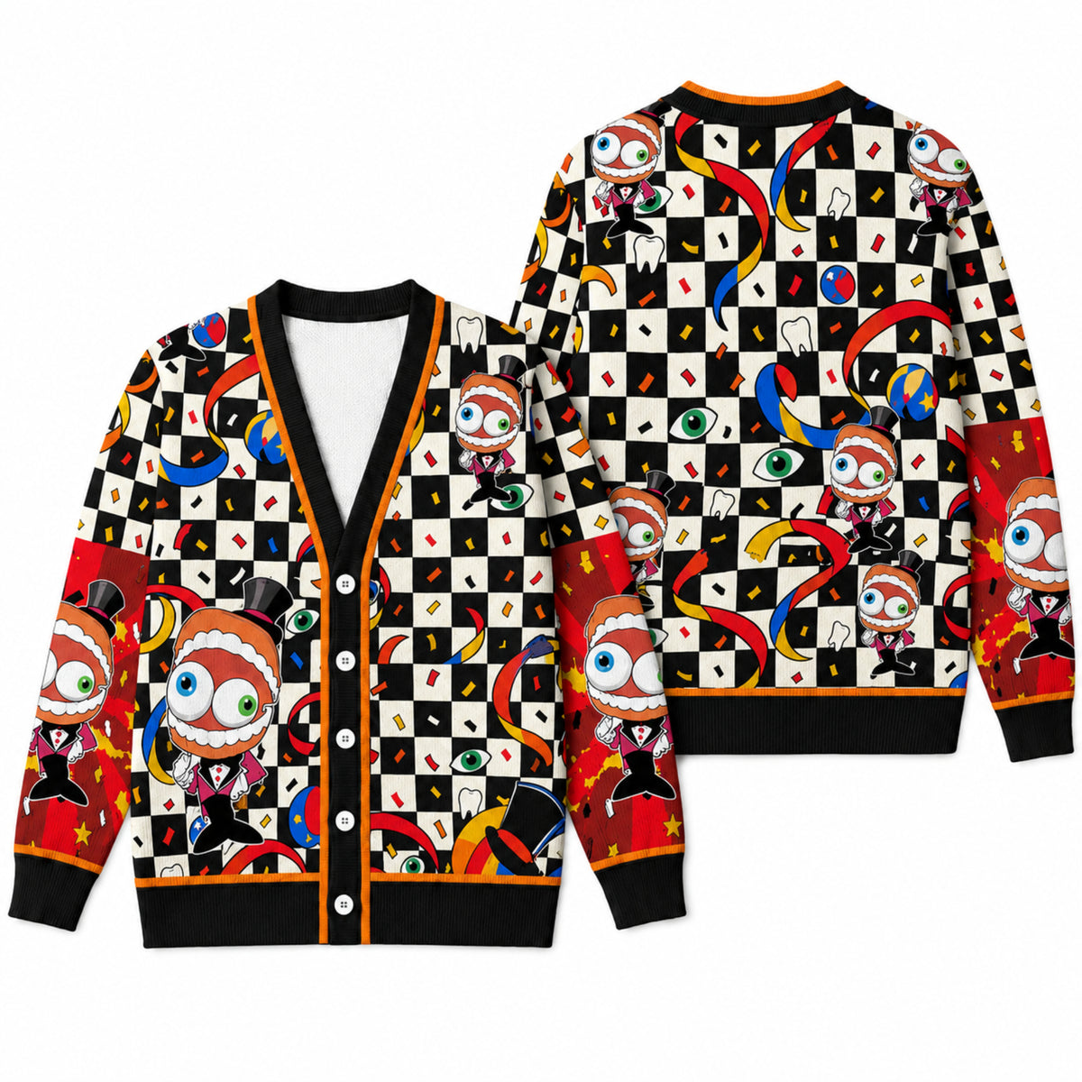 Circus Ringmaster Cardigan Sweater - Whimsical Teeth and Checker Knitwear