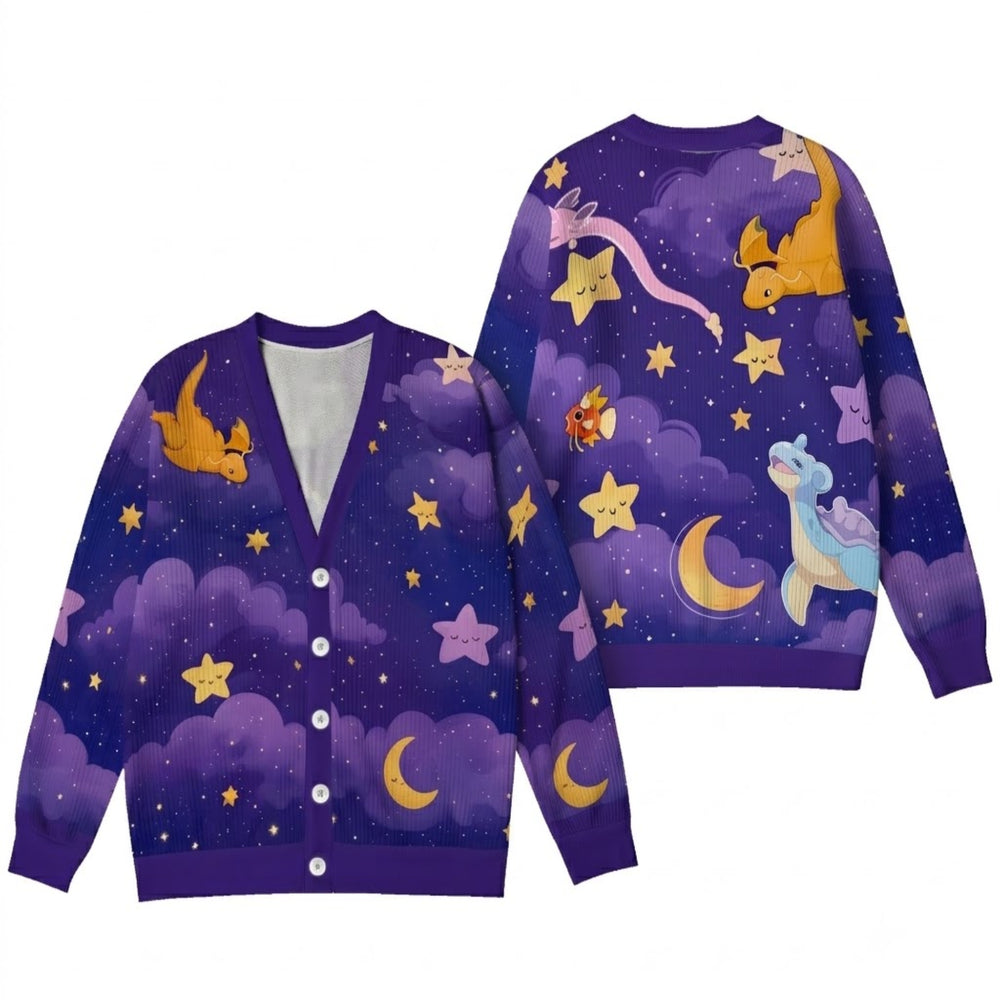 Dragonite and Lapras Cardigan Sweater - Cute Monster Pocket Cartoon Knitwear