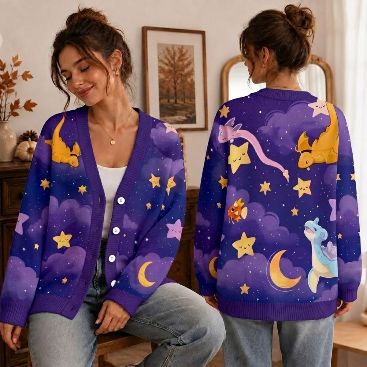Dragonite and Lapras Cardigan Sweater - Cute Monster Pocket Cartoon Knitwear
