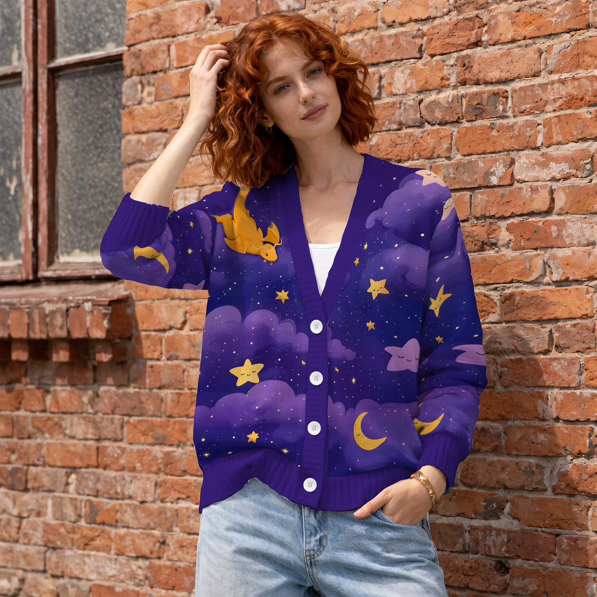 Dragonite and Lapras Cardigan Sweater - Cute Monster Pocket Cartoon Knitwear