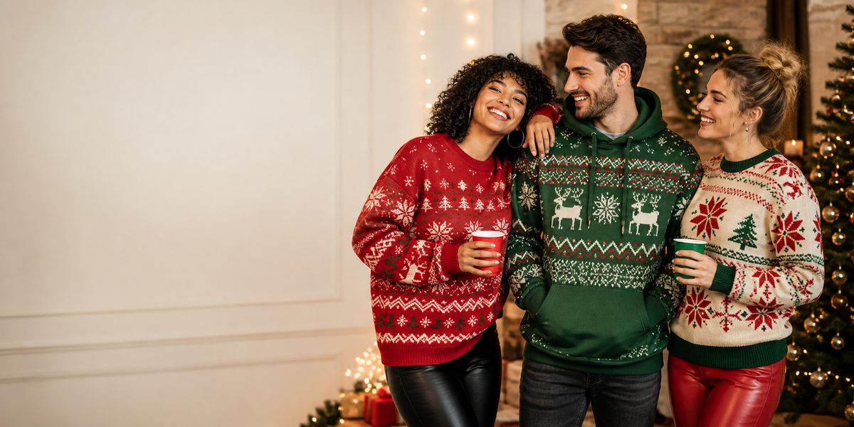 Friends wearing festive ugly sweaters and a holiday hoodie