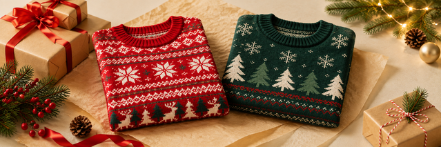 Holiday sweater and hoodie styled as gifts